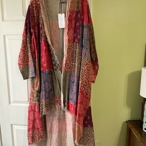 NWT I Love Linen patchwork kimono in hibiscus  peach